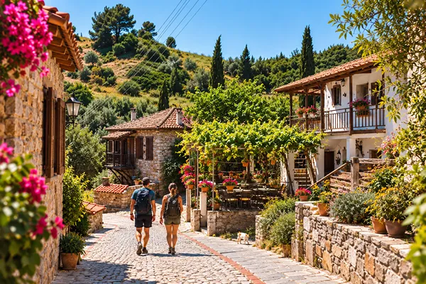 Hikers walking through the stone streets of Nikiti old town — walks and hikes in Sithonia, Halkidiki