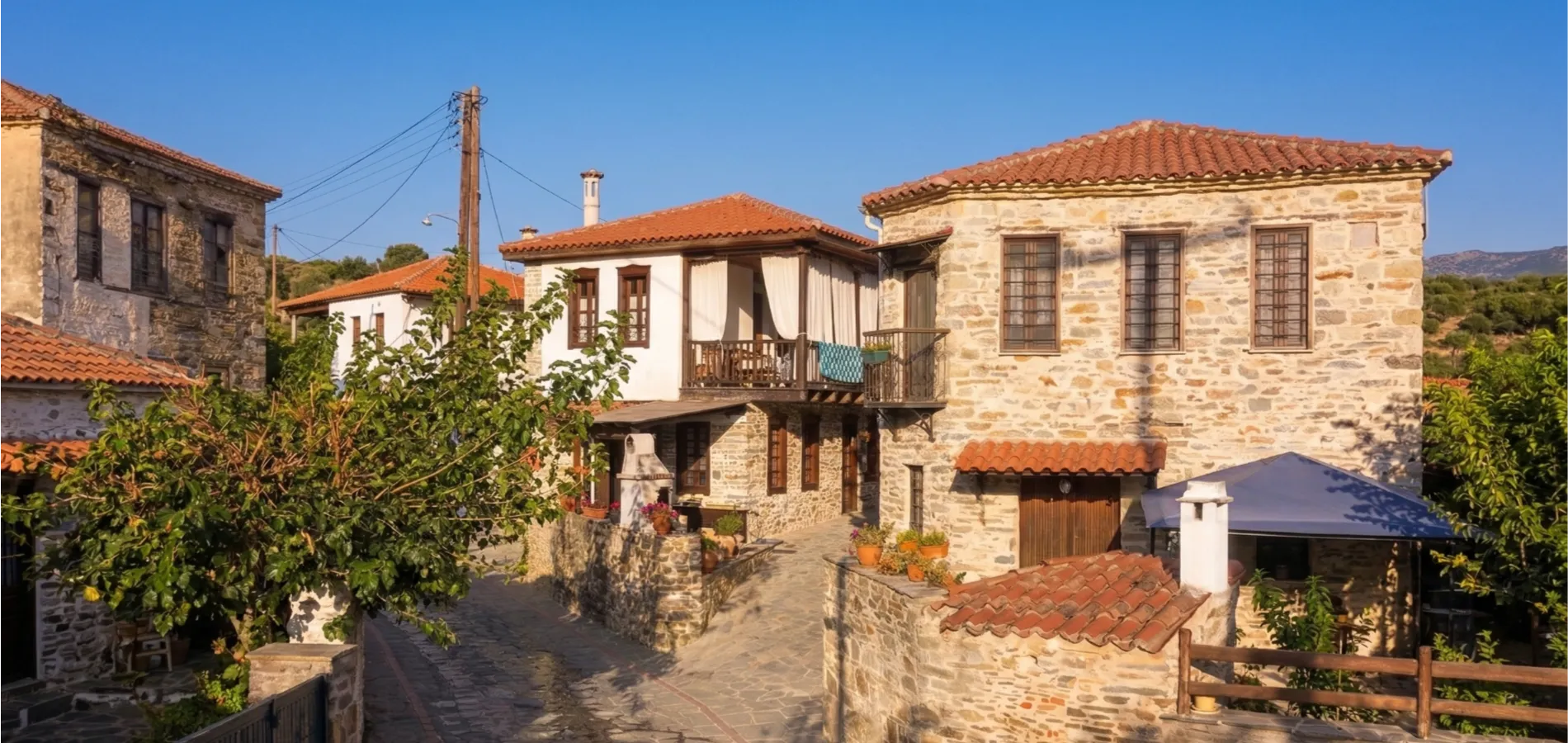 The historic stone houses of Nikiti Old Town, Sithonia, Halkidiki